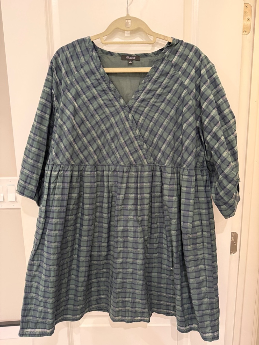 Madewell Blue-Green Plaid V-Neck Tiered Mini Dress